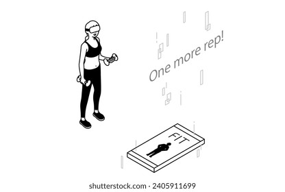VR fitness, woman wearing VR goggles doing dumbbell training, Vector Illustration