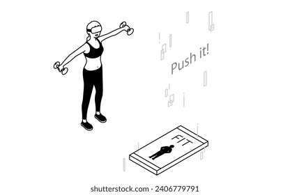 VR fitness, woman wearing VR goggles doing dumbbell training, Vector Illustration