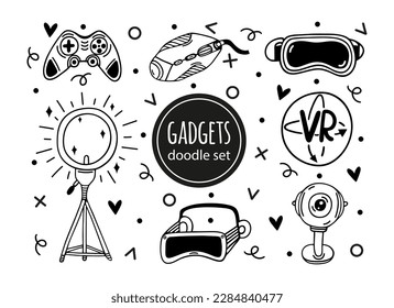 VR gadgets vector set. Glasses of virtual and augmented reality, joystick, ring lamp, webcam, pc mouse. Devices for gaming, streaming, blogging. Modern technology. Clipart for logo, apps, prints