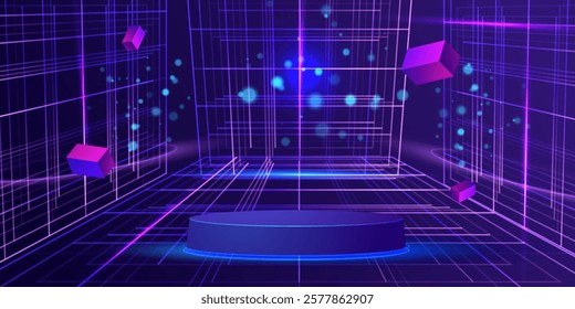 VR game arena with podium. Virtual Reality gamer studio in neon style background. Ai digital interior. Futuristic vector illustration.