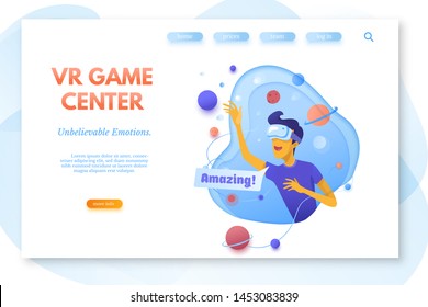 VR game center color vector landing page template. Modern gadgets store web banner. Man in VR headset. Virtual reality games, education, simulation. Cartoon character. Technology, entertainment