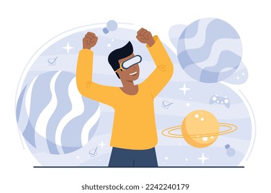 VR game concept. Man in glasses of virtual joy smiles and waves his arms. Modern technologies and digital world, cyberspace and innovation. Poster or banner. Cartoon flat vector illustration