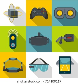 VR game equipment icon set. Flat style set of 9 VR game equipment vector icons for web design