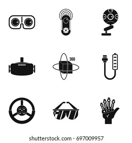 VR game equipment icons set. Simple set of 9 VR game equipment vector icons for web isolated on white background