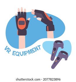 Vr game flat composition with text and images of wearable gloves and joysticks vector illustration