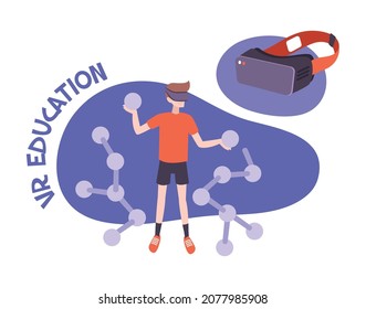 Vr game flat composition with text and images of vr helmet with boy and molecule models vector illustration