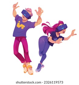 Vr game metaverse glasses p2e technology vector concept. Gamer character in virtual reality videogame cartoon illustration. Man and girl play with device online. Futuristic isolated gamefi clipart