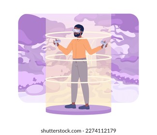 VR game player in purple magic forest 2D vector isolated spot illustration. Virtual reality simulation. Flat character on cartoon background. Colorful editable scene for mobile, website, magazine