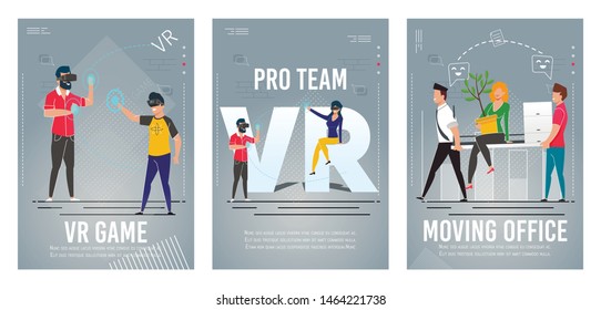 VR Game, Pro Team, Moving Office Banner Set. Professional Gamers People Group Wearing Virtual Reality Headset Glasses. Employees Change Workplace. Business Relocation. Vector Flat Illustration