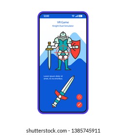 VR game smartphone interface vector template. Mobile app page blue design layout. Virtual reality gaming, tournament screen. Flat UI for application. Knight duel simulator. Hero play. Phone display