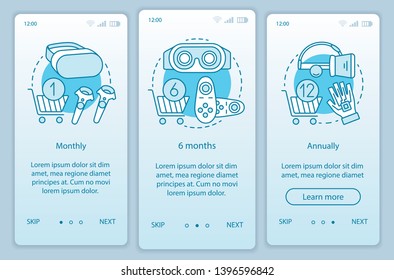VR game subscription onboarding mobile app page screen vector template. Monthly or annually tariffs. Walkthrough website steps with linear illustrations. UX, UI, GUI smartphone interface concept