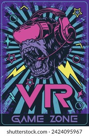 VR game zone vintage poster colorful with head of screaming monkey in virtual reality glasses for video games vector illustration