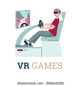 VR games and augmented reality banner design with man using special equipment for augmented reality 3d games, cartoon vector illustration isolated on white background.