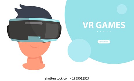 VR Games banner. Boy using VR headset for video games. Young man wearing virtual or augmented reality glasses.  Vector illustration.