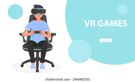 VR Games banner. Gamer sitting in chair and playing video game and using VR headset. Young man wearing virtual or augmented reality glasses. Vector illustration.