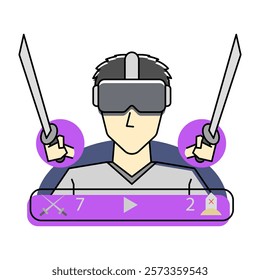 VR Games. Characters wearing virtual reality headsets, wielding swords, emphasizing action. Representing VR games, technology and interactive entertainment.