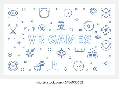 VR Games concept horizontal illustration in thin line style. Vector banner