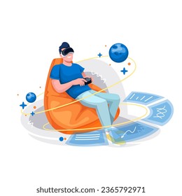 VR games, entertainment in augmented reality vector illustration. Cartoon happy young gamer character wearing VR headset, sitting in bean bag chair to hold controller, play games in virtual simulator