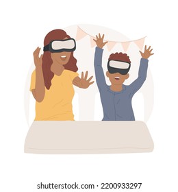 VR Games Isolated Cartoon Vector Illustration. Game Night, Leisure Time, Family At The Table Wearing Headsets, Virtual Reality At Home, Parents And Kids Having Fun In VR Glasses Vector Cartoon.