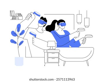 VR games isolated cartoon vector illustrations. Couple wearing goggles and joysticks playing augmented reality games at home, holding console simulator, leisure time together vector cartoon.