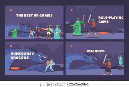 Vr Games Landing Page Template Set. Characters Wearing Virtual Reality Headset and Fantasy Costumes Playing Mmorpg Video Game. Concept of Immersive 3d Digital World. Cartoon Vector Illustration