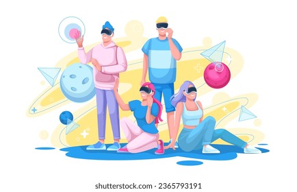 VR games in metaverse, multiplayer online gaming vector illustration. Cartoon gamers friends in VR headsets play in virtual science space together, people with goggles watching planet holograms