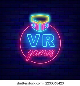 VR games neon label. Virtual reality signboard. Circle frame with vr glasses. Cyber games design. Glowing emblem. Shiny banner. Vector stock illustration