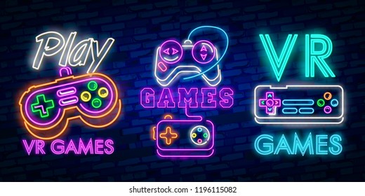 VR games neon sign vector. Virtual Reality Logotype Games, Emblem in Modern Trend Design. Virtual reality neon sign, bright signboard, light banner. VR Game logo, emblem and label.