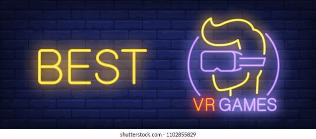 VR Games neon style banner on brick background. Gamer in goggles and Best lettering. Videogame, augmented reality, virtual reality. Can be used for advertising, street wall sign, web design