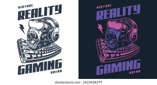 VR games vintage style flyer with head of orangutan in virtual reality helmet and keyboard for gaming arena vector illustration