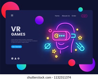 VR Games Website Konzept Banner Vector Design Vorlage. Gamer-Lichtbanner im Neonstil, Virtual Reality modernes Trenddesign, helle Nachtleben-Werbung. Vektorgrafik