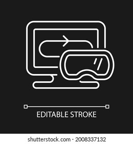 VR games white linear icon for dark theme. Modern genre of video games. Thin line customizable illustration. Isolated vector contour symbol for night mode. Editable stroke