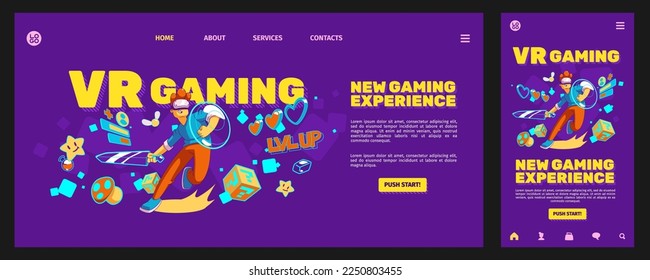 VR gaming banner. Virtual reality technologies for entertainment, metaverse, augmented reality concept with person in VR glasses play in video game, vector flexible landing page template