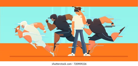 VR gaming. The guy plays a computer game and feels full immersion and the presence effect by using a virtual reality device