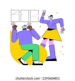 VR gaming isolated cartoon vector illustrations. Smiling colleagues hold virtual reality equipment, VR meeting in a smart office, modern workplace, work break, entertainment time vector cartoon.