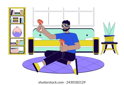 VR gaming line cartoon flat illustration. Man playing video game with vr glasses 2D lineart character isolated on white background. Domestic life hobby. Software development scene vector color image