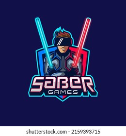 VR Gaming Logo With Man Wearing VR Goggles And Holding Light Saber Swords