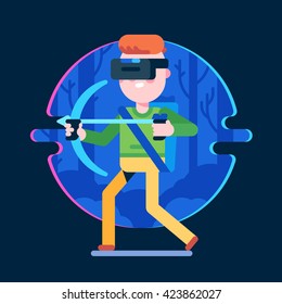 VR gaming. Man playing in RPG game using virtual reality headset. Vector flat illustration.