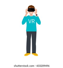 VR gaming. Man playing using vr headset. Vector flat illustration.