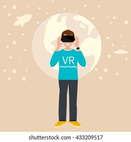 VR gaming. Man playing using vr headset. Vector flat illustration.