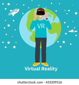 VR gaming. Man playing using vr headset. Vector flat illustration.