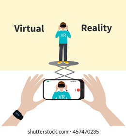 VR gaming. Man playing using vr headset. Live stream on smratphone. Vector flat illustration.