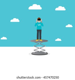 VR gaming. Man playing using vr headset. Live stream on smratphone. Vector flat illustration.