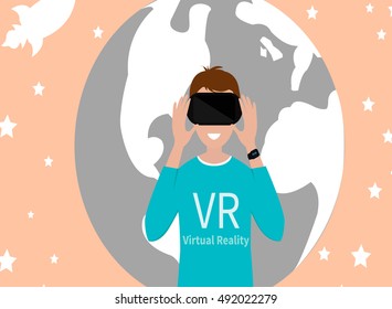 VR gaming. Man playing using vr headset. Vector flat illustration.