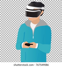 VR Gaming. Man Playing Using Vr Headset On Transparent Background. Vector Flat Illustration.