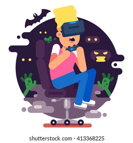 VR gaming. Man sitting in an armchair and playing in horror game using vr headset. Vector flat 
illustration.