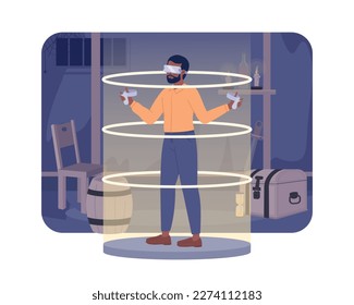 VR gaming in medieval fantasy adventure 2D vector isolated spot illustration. Virtual reality gamer flat character on cartoon background. Colorful editable scene for mobile, website, magazine