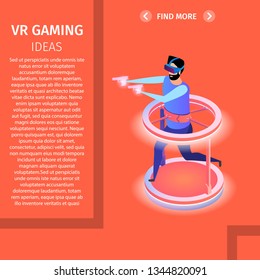VR Gaming Square Banner, Copy Space. Man Play Video Game in Glasses, Running and Shooting with Guns in Special Platform. Entertainment Industry. Virtual Reality . 3d Flat Vector Isometric Illustration
