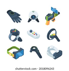 Vr gaming. Virtual controllers for video gaming experience garish vector isometric illustrations