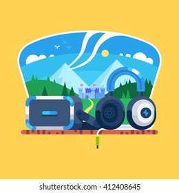 VR gaming. Virtual reality headset, headphones. Vector flat illustration.